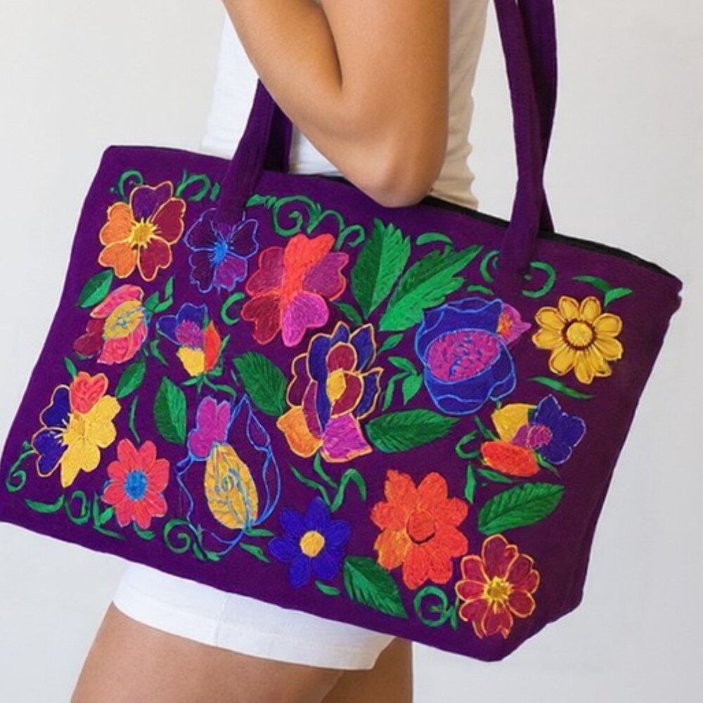 Embroidered Floral Tote Bag Purple Fiesta Style Handmade Bolsa Girasol